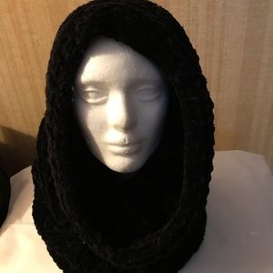 Black warm knitted hood and neck scarf style.